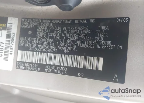 2006 Toyota Sienna Le z USA, uszkodzony, nr VIN 5TDZA23CX6S495755